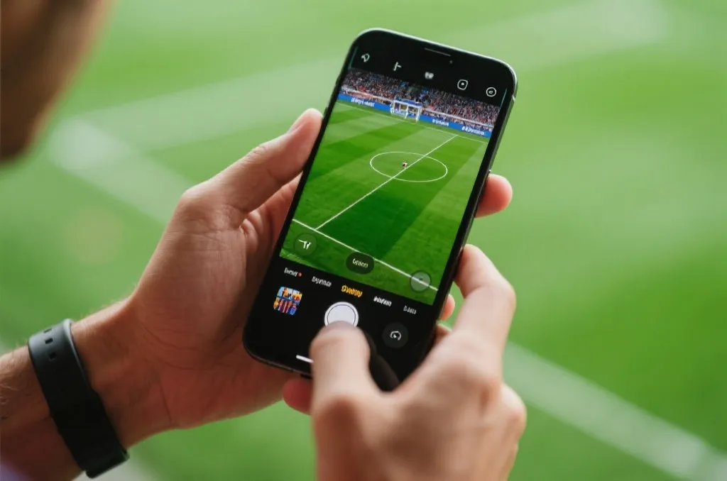 A close-up of a high-end smartphone displaying a live football match with smooth streaming interface